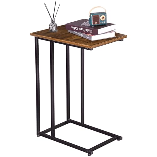 H JINHUI Beistelltisch, C-Form, Kleiner Sofatisch, 49 x 33 x 68 cm, Kaffeetisch, Wohnzimmertisch mit Metallgestell, Unters Sofa Industrie-Design, für Kaffee und Laptop, Vintagebraun-schwarz von H JINHUI