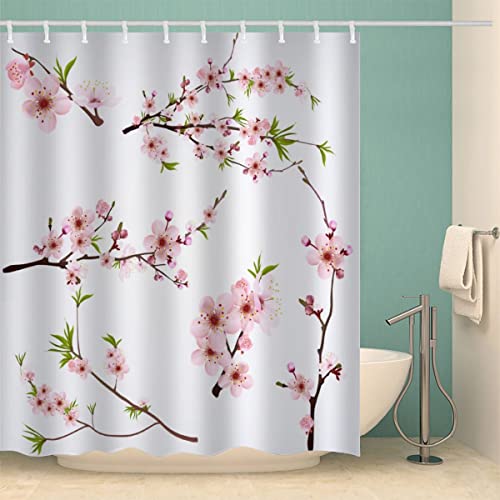 Anti-Schimmel Duschvorhang 120×180 Pinke Blume Duschvorhänge mit 12 Duschvorhängeringen Kirschblüten Shower Curtain Mehltauresistent Wasserdicht Waschbar 3D Digitaldruck von H N F Y