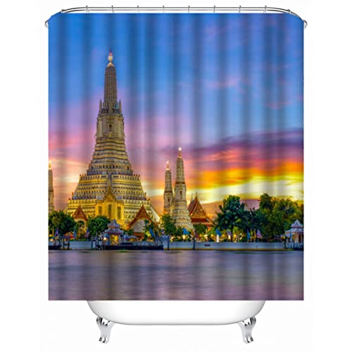 H N F Y Anti-Schimmel Duschvorhang 180×180 Thailändische Architektur Duschvorhänge mit 12 Duschvorhängeringen Pagode Shower Curtain Mehltauresistent Wasserdicht Waschbar 3D Digitaldruck von H N F Y