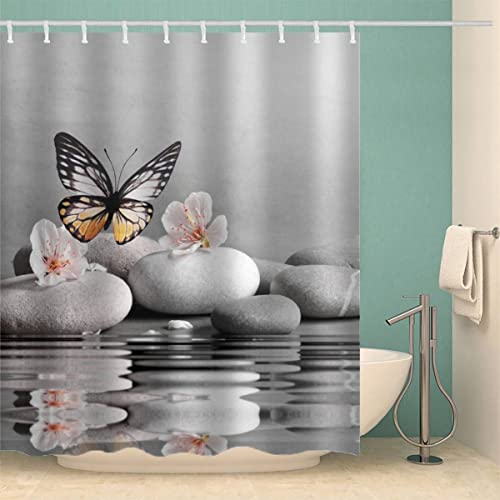 H N F Y Anti-Schimmel Duschvorhang 240×200 Spa-Stein Duschvorhänge mit 12 Duschvorhängeringen Schmetterling Shower Curtain Mehltauresistent Wasserdicht Waschbar 3D Digitaldruck von H N F Y