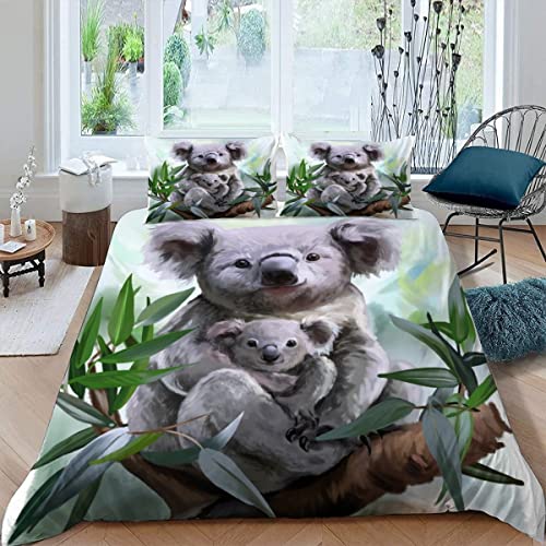 H N F Y Bettwäsche 135x200 Koala Bettwäsche Set 3D Einzelbett Bär Tier Betten Set Bettbezüge Weiche und kuschelig Mikrofaser Bettbezug mit Reißverschluss und 2 Kissenbezug 80x80cm von H N F Y