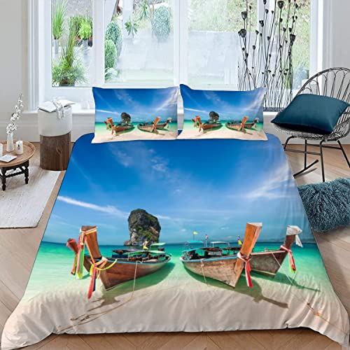 H N F Y Bettwäsche-Sets 3 Teilig Thailand, Holzboot Bettwäsche 135x200 3D Druck Küsten Bettbezug Hypoallergen Mikrofaser Bettbezüge Quilt Cover mit Reißverschluss und 2 Kissenbezug 80x80cm von H N F Y