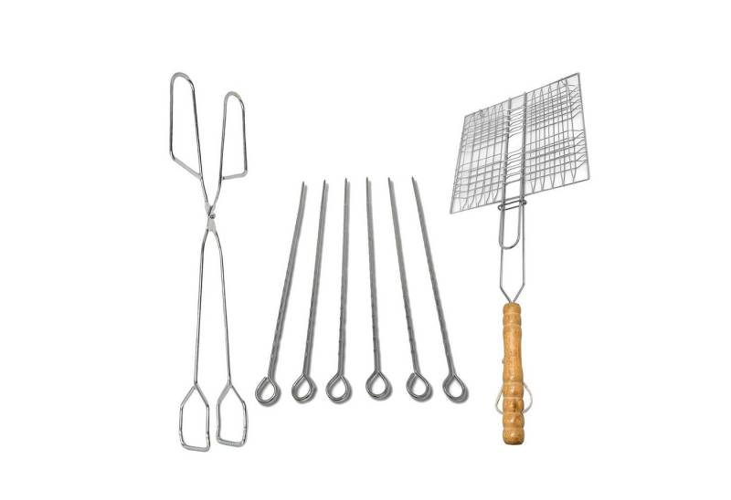 H-basics Grillspieß Grill Set Grillspieß 35cm 6er Set, Grillzange 30cm, Grillkorb 22*23cm - Edelstahl Grillspieße Wiederverwendbare Spieße von H-basics