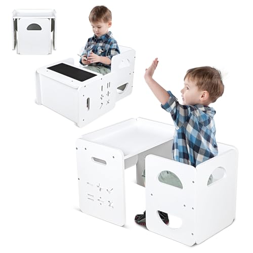 Montessori Entwöhnungstisch und Stuhl Set, 2 in 1 Kleinkind Tisch und Stuhl Set, Holz Kleinkind Schreibtisch mit Kreidetafel, Höhenverstellbarer Kindertisch und Stühle, Tisch für Kleinkinder 1-3 von H&B Luxuries