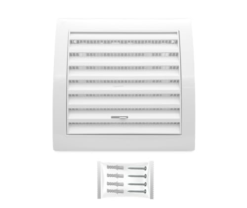 H&C VENT Lüftungsgitter eckig weiß 150x150mm mit Schieber und Insektenschutz - Kunststoff Wetterschutzgitter zur Dunstabzug Abdeckung außen - Belüftungsgitter Abzug, Garage, Tür, Kühlschrank von H&C VENT