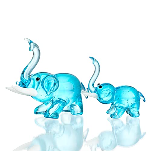 H&D HYALINE & DORA 2 mundgeblasene Glas Elefantenfiguren, Kunstglas Elefant Tiersammlung, Blau von H&D HYALINE & DORA