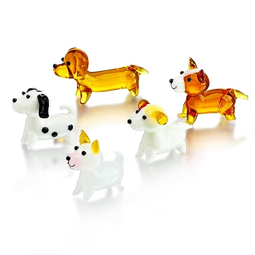 H&D HYALINE & DORA 5 Stück mundgeblasene Glas-Hundefiguren, Miniatur-Glas-Hundefiguren-Sets, geblasenes Glas, Kunst, Tierfiguren für Sammlerstück, Heimdekoration, Geschenk von H&D HYALINE & DORA