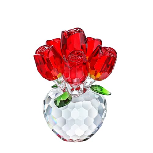 H&D HYALINE & DORA 8,3 cm große rote Rosenfigur, Rosen-Geschenk für Ehefrau, Mutter, Freundin, Kristall-Rosenstrauß-Figur, Glasblumen mit Kristallständer von H&D Hyaline&Dora