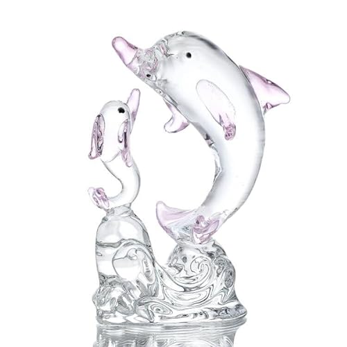 H&D HYALINE & DORA Doppelte rosa niedliche Kristall Delfin Figuren, Glas Meerestier Ornament, Kristallkunst Skulptur Sammlerstück, Geschenk für Mutter Delfin Liebhaber von H&D HYALINE & DORA