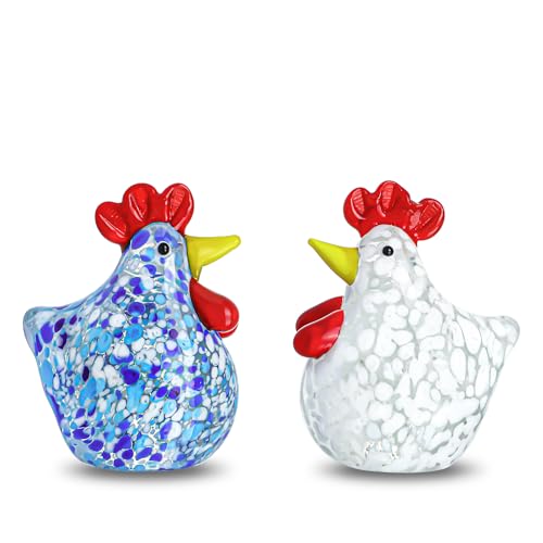 H&D HYALINE & DORA Geblasenes Glas Huhn Figuren Set von 2 Handgefertigte Kunst Glas Hahnfigur Kristall Tierfigur Sammlerstück für Heimdekoration Ornament von H&D HYALINE & DORA