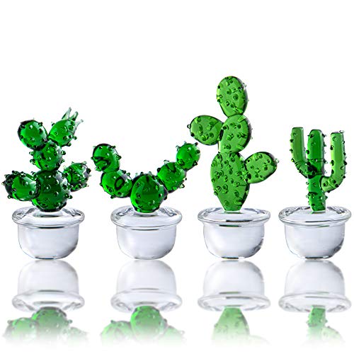 H&D HYALINE & DORA Handgefertigte Kaktus-Figuren aus Glas, geblasen, niedlich, Kristallkunst, Kaktus-Figuren, Sammlerstücke, Schreibtisch, Tischdekoration, 4 Stück von H&D HYALINE & DORA