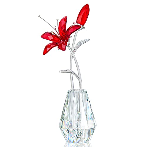 H&D HYALINE & DORA Kristall-Calla-Lilie, Blumenfigur, Sammlerstück, Hochzeitssträuße mit Kristallvase für Zuhause, Hochzeit, Party, Dekoration, rote Blume mit silberfarbenem Metallstiel von H&D HYALINE & DORA