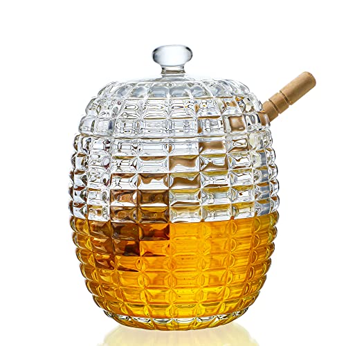 H&D HYALINE & DORA Kristall-Honigglas mit 2 Dippers, Glasspender Honigtopf Behälter, Honiglöffel und Glas-Set, handgefertigtes Bienenstock-Honigglas mit Löffel (266 ml) von H&D HYALINE & DORA