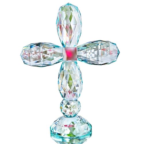 H&D HYALINE & DORA Kristallkreuz stehend bunt traditionelle Kreuzfigur 17,8 cm hoch Glas Basteldekoration für Weihnachtsgeschenke (Cyan-Blau) von H&D HYALINE & DORA