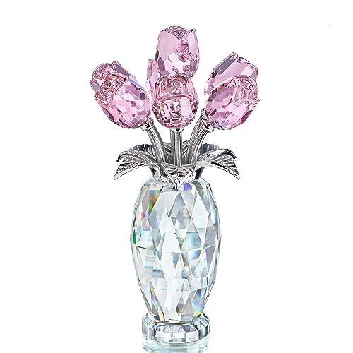 H&D HYALINE & DORA Rosenstrauß-Figur mit rosa Kristallen, handgefertigt, Geschenke für Mutter, Geschenke für Frauen, Glasblume, Sammlerstück, Ornament, Tischdekoration, Hochzeitsdekoration, von H&D Hyaline&Dora