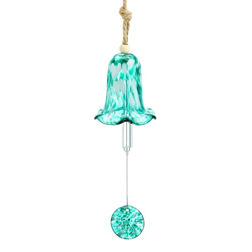 Kunstglas Windspiel mit geblasener Glocke, 66 cm handgefertigtes Glas Windspiel für draußen, Gedenk Windspiel mit Glasschläger für Terrasse, Garten, Außenbereich (Aquablau) von H&D Hyaline&Dora