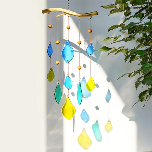 Windspiel aus Glas für draußen, 59,4 cm, zum Aufhängen an Fenstern, Outdoor-Dekoration, handgefertigtes Glas-Windspiel mit Metallzweig von H&D Hyaline&Dora