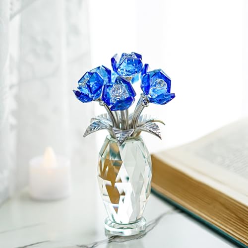 Wunderschöner Briefbeschwerer mit blauer Kristallrose, Blumenstrauß aus Kristall, Sammlerstück von H&D HYALINE & DORA