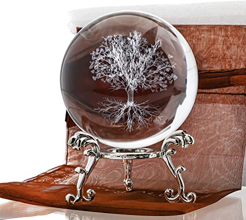 H&D HYALINE & DORA 60 mm Baum des Lebens Kristallkugel mit Ständer, dekorativer 3D Briefbeschwerer, lasergeätzte Glaspflanze, Baum des Lebens, Kugel, Neuheit für Zuhause von H&D HYALINE & DORA