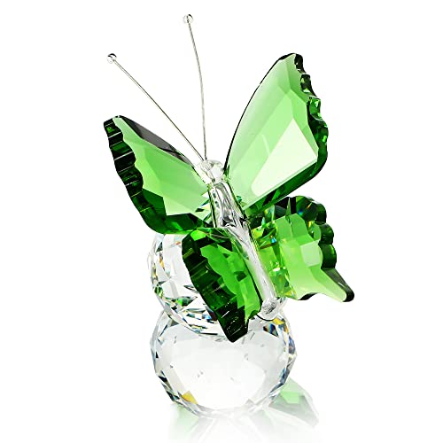 H&D Kristallfigur fliegender Schmetterling mit Kristallkugel Basis Figurensammlung geschliffenes Glas Ornament Statue Tier Sammlerstück (grün) von H&D