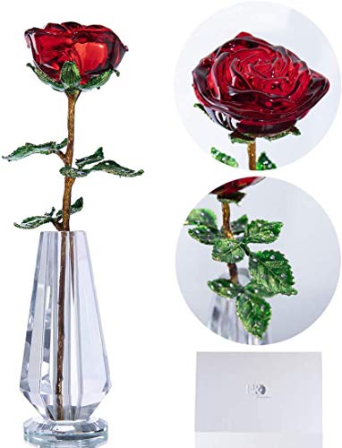 H&D rote Kristall Rose Blumen Figur mit grünem Blatt Glasverzierungsgeschenk für Dame von H&D