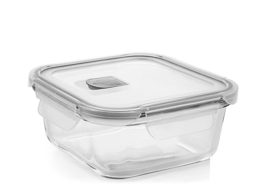 H&H Behälter aus Glas mit Deckel aus Polypropylen mit Ventil – 1110 ml, 19 x 19 cm – luftdicht, spülmaschinen-, mikrowellen- und ofenfest (ohne Deckel) von H&H