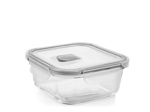H&H Behälter aus Glas mit Deckel aus Polypropylen mit Ventil – 800 ml, 16 x 16 cm – luftdicht, spülmaschinen-, mikrowellen- und ofenfest (ohne Deckel) von H&H