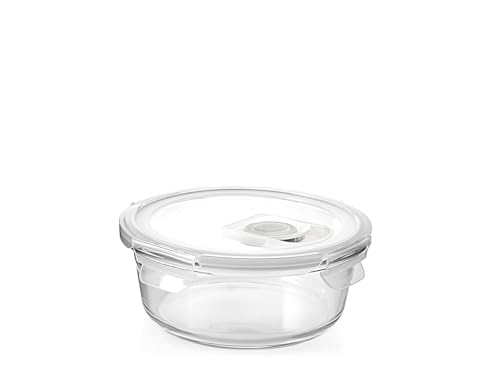 H&H Runde Glasdose mit Deckel und Ventil - 390 ml - Durchmesser 14 cm - für Backofen (ohne Deckel), Mikrowelle, Spülmaschine - mit luftdichter Silikondichtung von H&H