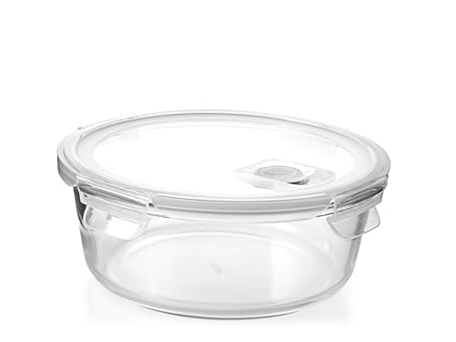 H&H Runder Glasbehälter mit Deckel und Ventil – 970 ml – Durchmesser 18 cm – für Backofen, Mikrowelle, Spülmaschine – mit luftdichter Silikondichtung von H&H