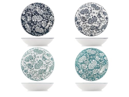 H&H Set mit 4 Victoria-Suppentellern aus Porzellan mit Rosen, 20 cm, 4 verschiedene Farben, spülmaschinen- und mikrowellengeeignet von H&H