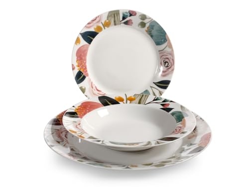 H&H Tafelservice 18-teilig Peony aus dekoriertem Porzellan – Speiseteller und Obstteller – spülmaschinenfest – mikrowellengeeignet – Eleganz und Stil für den Tisch von H&H
