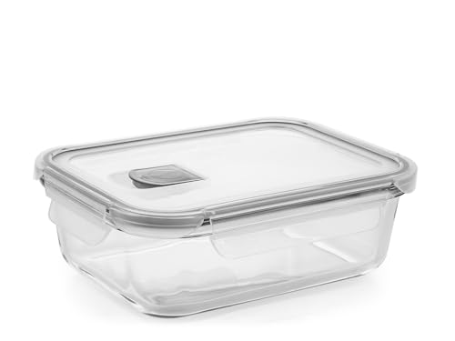 H&H Vorratsdose aus Glas mit Deckel und Ventil - 1040 ml - rechteckig 21x16 cm - für Backofen (ohne Deckel), Mikrowelle, Spülmaschine, platzsparend mit Silikondichtung von H&H