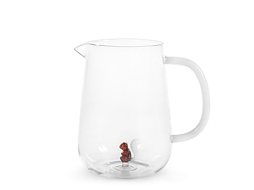 H&H Karaffe – Transparentes Borosilikatglas – 1,4 L – Weißer Henkel – Integrierte Miniatur in Eichhörnchenform von H&H