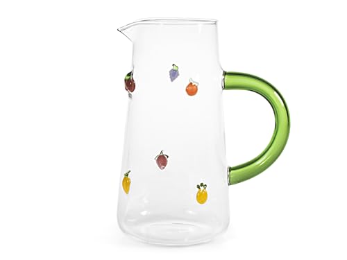 H&H Karaffe – Borosilikatglas – 1,6 L – Externe Miniaturen in Fruchtform – Grüner Henkel von H&H
