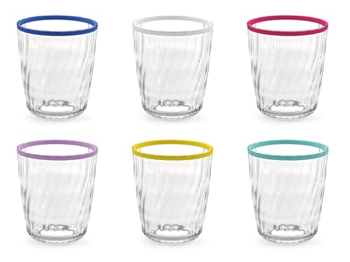 H&H, Set aus 12 transparenten Acrylgläsern mit farbigem Rand, 43 cl – robust, leicht & praktisch, spülmaschinengeeignet von H&H