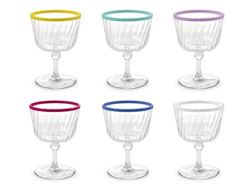 H&H, Set aus 12 transparenten Acrylgläsern mit farbigem Rand, 25 cl – leicht, robust & praktisch, spülmaschinengeeignet von H&H