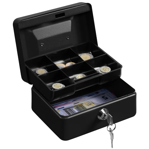 H&S Geldkassette mit Schlüssel abschließbar - Schwarze Kasse in Klein mit 2 Schlüsseln - für Scheine & Münzen zur Geld Aufbewahrung - Money Box Kassa mit Schloss - Haushaltskasse - Mannschaftskasse von H&S