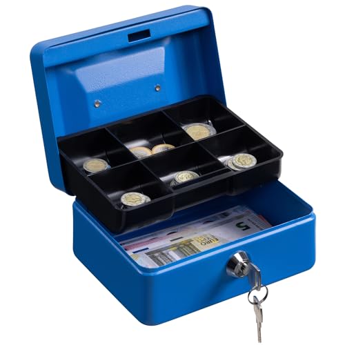 H&S Geldkassette mit Schlüssel abschließbar - Schwarze Kasse in Klein mit 2 Schlüsseln - für Scheine mit Münzfach zur Geld Aufbewahrung - Money Box Kassa mit Schloss - Blau von H&S