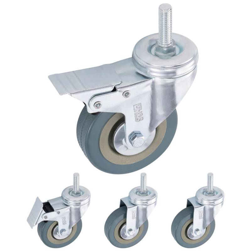 H&S Möbelrolle Transportrollen mit Bremse - Möbelrollen - Mit M10 Schraubgewinde, (4-St), Schwerlastrollen 75 mm - Rollen für Möbel - 4er Set - Gummi Lenkrollen von H&S