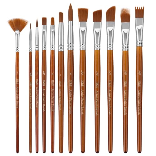 H&S Pinselset für Acrylfarben, Aquarell und Ölfarben - 12er Set - Professionelle Flache und Runde Pinsel zum Malen - Künstler Zubehör aus Synthetischem Haar - Haarpinsel Acrylfarben - Ölfarben Pinsel von H&S