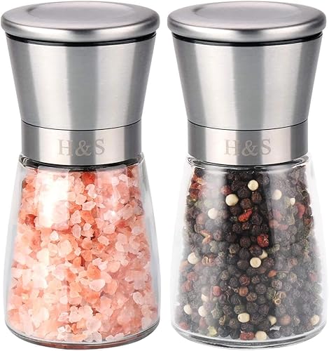 H&S Salz und Pfeffermühle Set für die Küche - Gewürzmühlen mit Edelstahlkopf und Glaskörper in Klein - Pfeffer Gewürzmühle & Salzmühle - einfach manuell nachfüllbar - Nachfüllbare Pfeffermühle von H&S