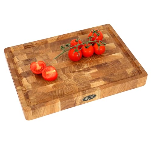 35х25х4cm Hackblock aus Eiche Stirnholz | Antibakterielles Hirnholzbrett mit Griffen & rutschfesten Silikonfüßen | Schneidebrett für Fleisch & Küche | Robust & langlebig von H&S