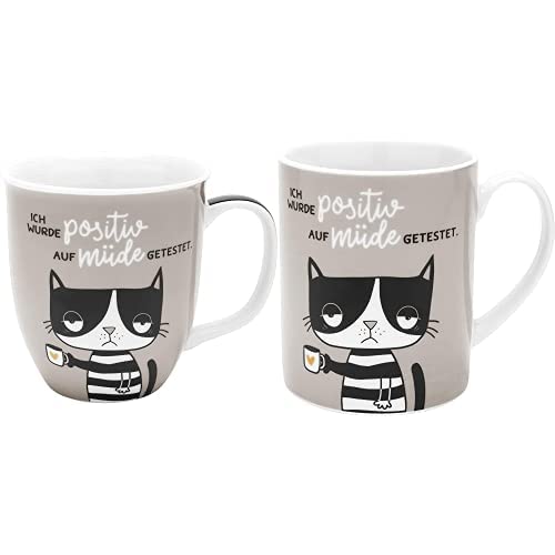 H:)PPY life Tassenset Katze müde | Tasse mit Spruch + XL-Tasse, 40 cl, 60 cl, Porzellan, Sprüchetasse | Geschenk, Geburtstag | 47925 + 47926 von H:)PPY life