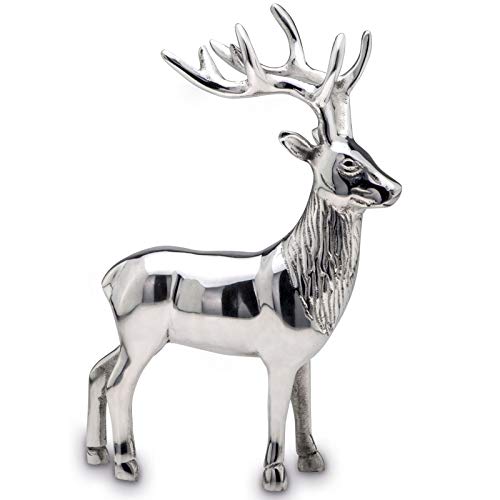 Große stehende Aluminium XL Deko Hirsch Figur - silbern glänzende Jagtfigur mit Geweih - Weihnachts-Deko zum Hinstellen Höhe 29 cm von H.Bauer jun.