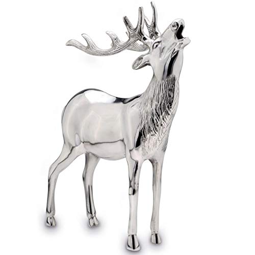 Hirsch Figur Aluminium XXL röhrend silbern - stehende Hirsch Dekofigur mit Geweih - Weihnachtsdeko zum Hinstellen - edle Wohndeko & Blickfang für Sideboard, Empfang oder Hotel-Lobby Höhe 42 cm von H.Bauer jun.
