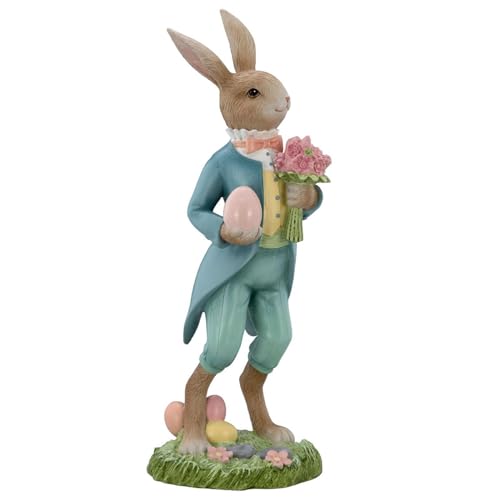 große Deko Hasen Figur Kunststein 41.2 cm - stehender Osterdeko Hasen Mann bunt gegleidet mit Blumenstrauß - XXL Polyresin Osterhasen Frühjahresdeko zum hinstellen von H.Bauer jun.