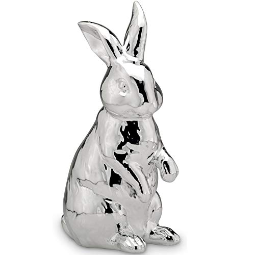 große Deko Hasen Figur Porzellan 24.3 cm - glänzender sitzender Osterdeko Hase - Silberne Osterhase Frühjahresdeko zum hinstellen von H.Bauer jun.