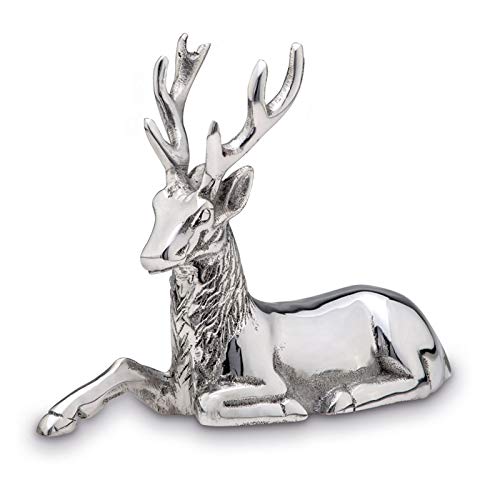 Große liegende Aluminium Deko Hirsch Figur - silbern glänzende Jagtfigur mit Geweih - Weihnachts-Deko zum Hinstellen Höhe 15 cm von H.Bauer jun.