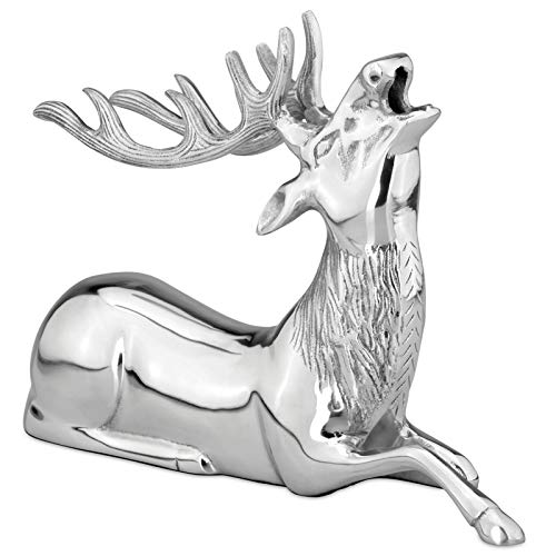 Große liegende röhrende Aluminium Deko Hirsch Figur - silbern glänzende Jagtfigur mit Geweih - Weihnachts-Deko zum Hinstellen Höhe 25 cm von H.Bauer jun.