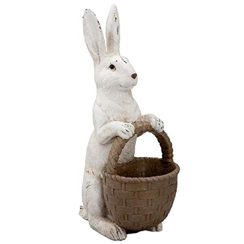 große Deko Hasen Figur Kunststein ca. 42 cm - sitzender weißer Osterdeko Hase mit braunem Korg - XXL Polyresin Osterhasen Frühjahresdeko zum hinstellen von H.Bauer jun.